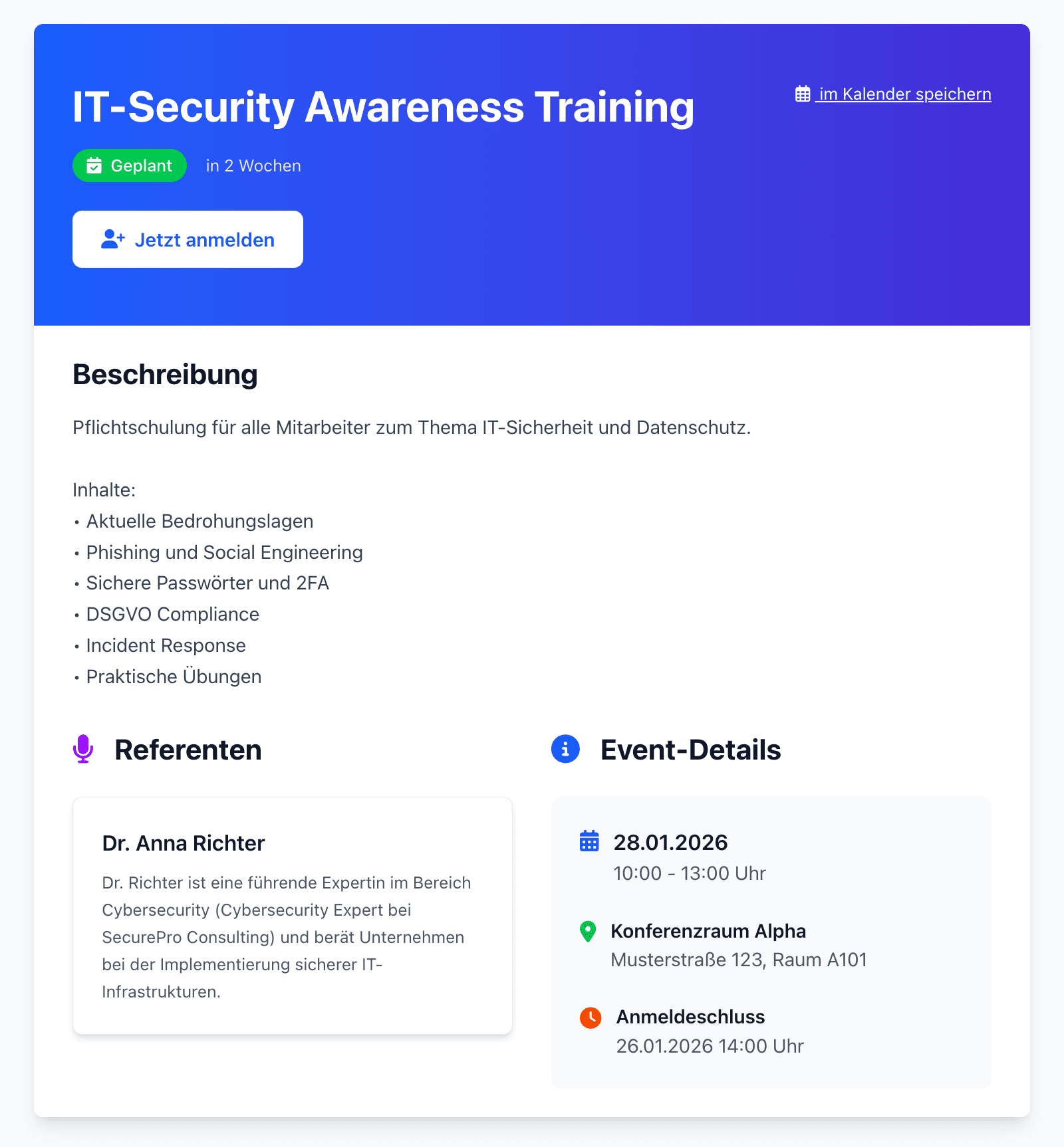 Automatisch generierte Event-Seite